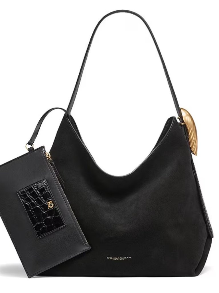 Donna Karan Black Suede Shoulder Bag With Gold Logo